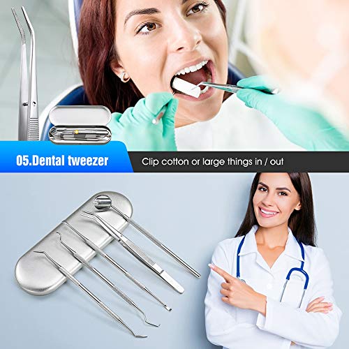 Dental Tools, 5 Pcs Professional Teeth Cleaning Tools Stainless Steel Stainless Steel Dental Scaler, Mouth Mirror, Tarter Scraper, Tooth Pick, Tweezers, for Personal & Pet Oral Care Use - Thumbnail 5
