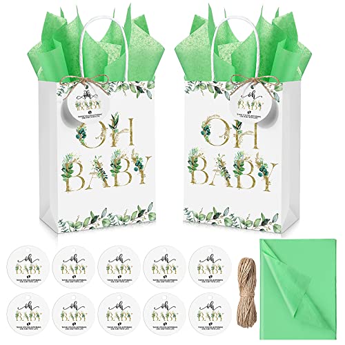 PerKoop 50 Sets Greenery Baby Shower Favor Bags Bundle with 50 Green Tissue Paper 50 Tags 1 Rope Baby Shower Thank You Gift Bags with Handles for Guests Gender Reveal Treat Goodies Party Favor