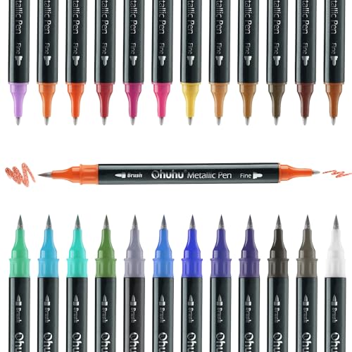 Ohuhu Metallic Stifte Doppelspitze, 24 Farben Glitzerstifte f&uuml;r Felsmalerei, feine Spitze & Pinselspitze Metallstifte f&uuml;r Album, Sammelalbum, Weihnachtskarten