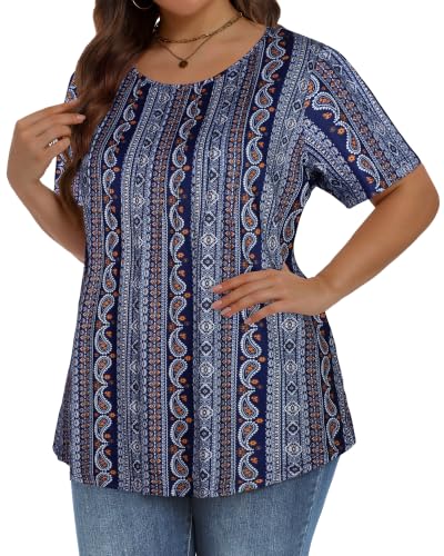 Image of Plus Size Tops for Women Summer Pleated Short Sleeve Shirts Casual Blouses