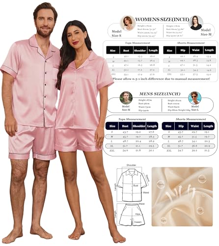 Image of Ekouaer Couple Matching Pajamas Sets Silk Short Sleeve Button Down Sleepwear Satin Pjs Shorts Set Soft Loungewear S-XXL