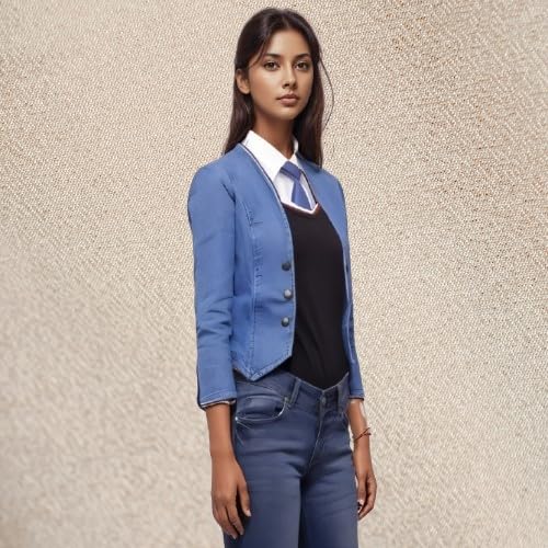 Image of Women's Blue Denim Blazer Jacket, 3 /4 Sleeves, Button Front, Casual Formal Wear