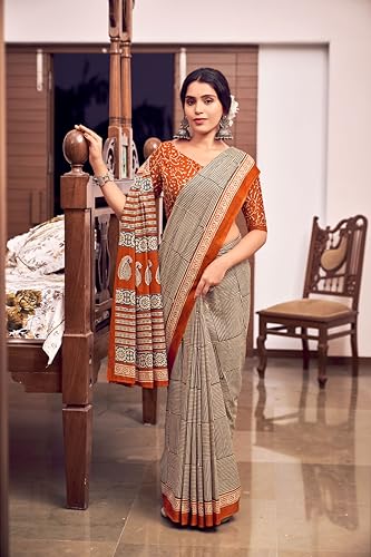 Image of Ikkat Hand Print Soft Mul Cotton Lightweight Saree with Blouse Piece, Multicolour