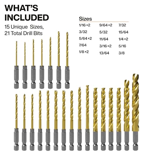 Image of Klein Tools 53621 21-Piece Titanium Drill Bit Set, Impact-Rated, 1 /4-Inch Hex Shank, Cuts Metal, Plastic, Wood, 15 Unique Sizes