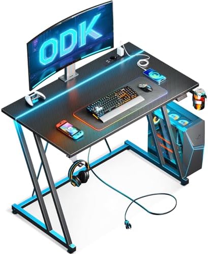 ODK Bureau Gaming, Bureau Gamer avec Lumières LED et Prise de Cou… ODK Bureau Gaming, Bureau Gamer avec Lumières LED et Prise de Cou…