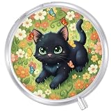 Round Pill Case Small Pill Box with Mirror Pocket 3 Compartment Vitamin Pill Medicine Case Organizer Pill Containers for Traveling Garden Cute Black Cat