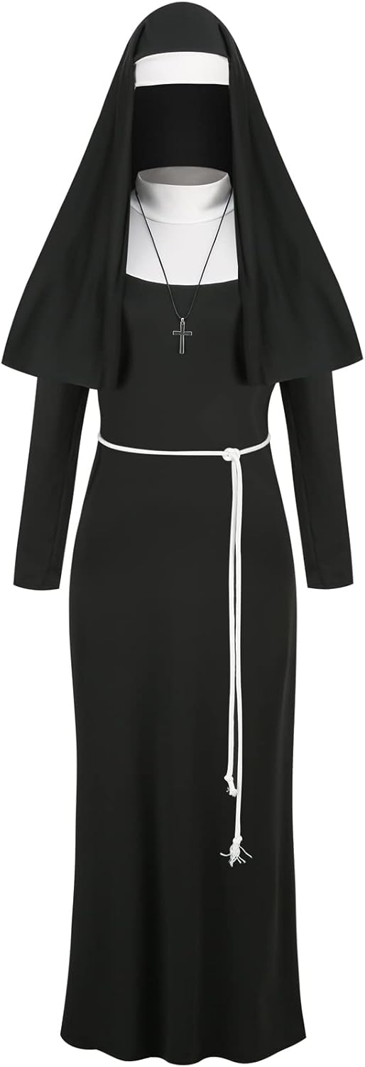 GRAJTCIN Halloween Nun Costume for Women Plus Size 4-Pcs Mother Cosplay Dress Scary Nun Habit