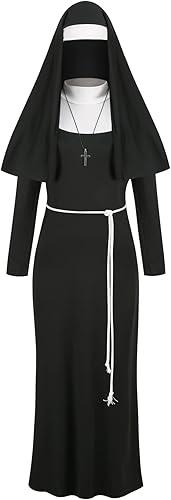 GRAJTCIN Disfraz de monja de Halloween para mujer, talla grande, 4 piezas, vestido de cosplay para madre, hábito aterrador de monja