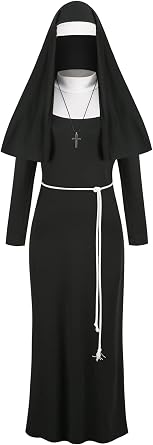GRAJTCIN Halloween Nun Costume for Women Plus Size 4-Pcs Mother Cosplay Dress Scary Nun Habit