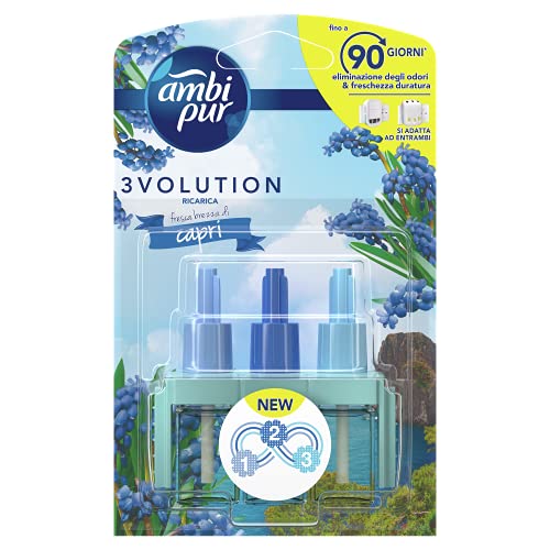 Ambi Pur 3Volution Profumatore per Ambienti, 1 Ricarica per Diffurore Elettrico, Fragranza Fresca Brezza di Capri, tecnologia Elimina Odori, Fino a 90 Giorni di Profumo per Ricarica