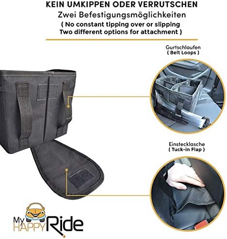 MyHappyRide Car Seat Organiser | Front & Backseat with Seat Belt Attachment | Great for Adults & Kids | 8 Foldable Storage Pockets for Toys | Utensils | Bottles | Snacks | Documents | Water Resistant