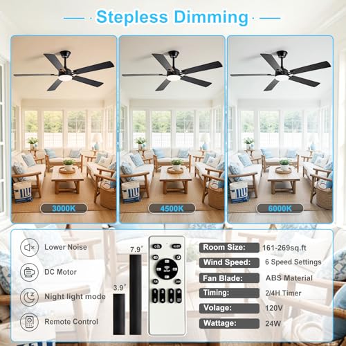 Image of Depuley 52-inch Ceiling Fan with Light: Black Ceiling Fan for Living Room Indoor Outdoor - Modern Ceiling Fan with Remote Control 3CCT Dimmable Noiseless 5 Reversible Walnut Blades 6 Speeds Timer
