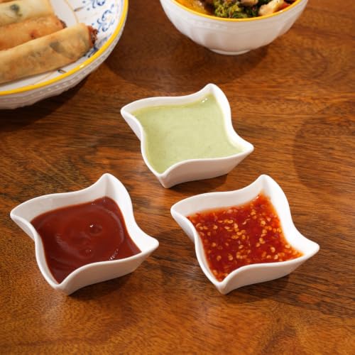 Image of HOME 360 Premium White Ceramic Dip Bowl Set of 3 | Wavy Square Mini Dishes & Condiment Serving Bowls | Elegant Pinch Bowls for Ketchup, Salsa, Chutney & DIps (3, Wavy DIp Bowls)