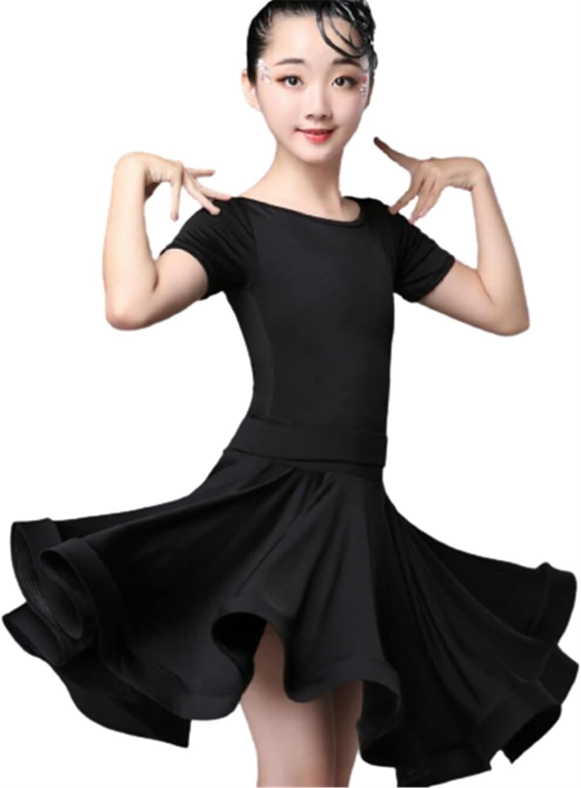 Girls Milk Silk Latin Dance Dress for Girls Competition Ballroom Tango Salsa Dancewear Practice Dancing Wear Dance Pratice Costumes(Black,130)