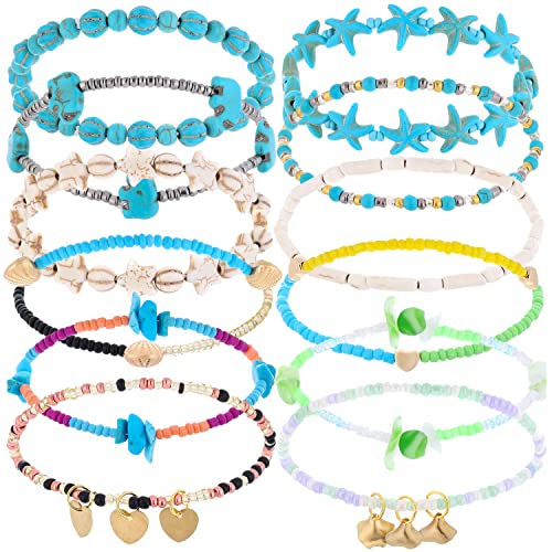 Dremcoue Beaded Ankle Bracelets For Women Turtle Starfish Stone Beaded Anklets For Women Handmade Elastic Boho Beach Anklets For Summer Foot Jewelry Set For Women Girls 12Pcs #TOP6