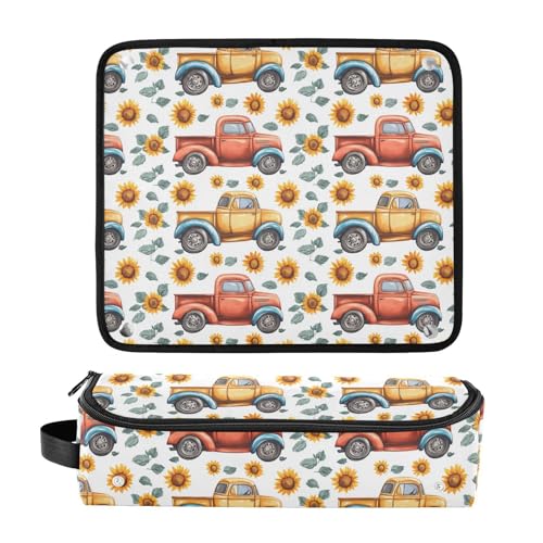 Bolsa organizadora portátil para herramientas de cabello con diseño de viejos camiones y girasoles, resistente al calor para planchas y rizadores miniatura 3