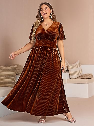 Image of Simplee Women's V Neck Velvet Maxi Dress Short Sleeve Empire Waist Long Formal Dress for Wedding Guest