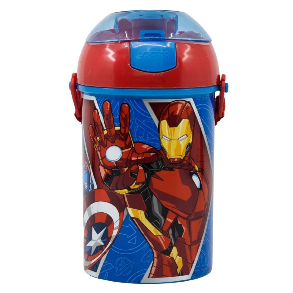 Marvel Avengers Pop Up Water Bottle Drink Bottle Flask with Neck Cord for Easy Carry School Lunch Kids Childrens 450ml Includes Half Size 12pcs Pencil Set (Avengers) - Image 2