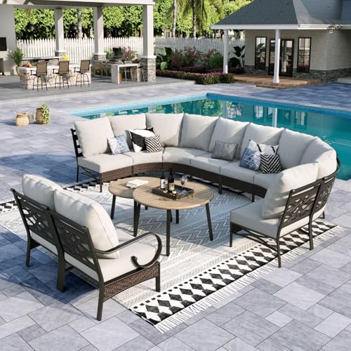 Sophia & William Half-Moon Patio Furniture Set for 10, Curved Outdoor Sofa Conversation Set with Coffee Table,Wicker Patio Sectional for Backyard, Beige