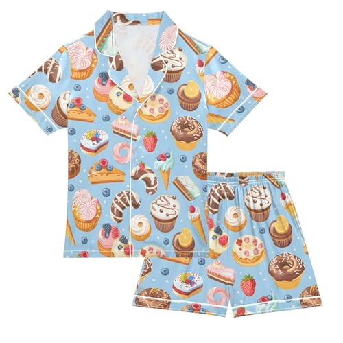 ALAZA Ice Cream Cake Donut Satin Pajamas Set Short Sleeve Button Down Sleepwear Summer Pjs 2 Piece