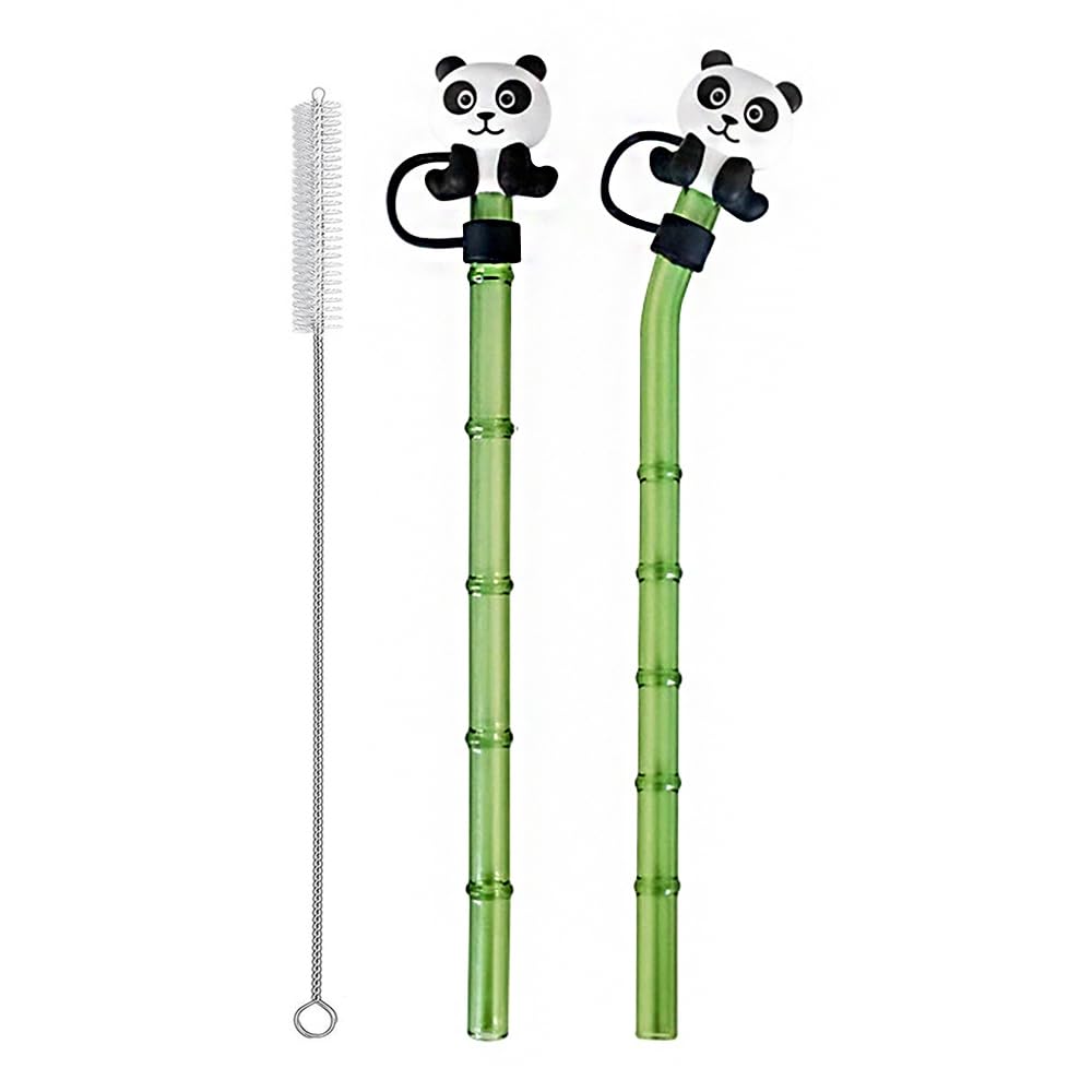 Bamboo Glass Straws with Panda Tips & Cleaning Brush, Reusable Heat-Resistant Drinking Straws Set (5)