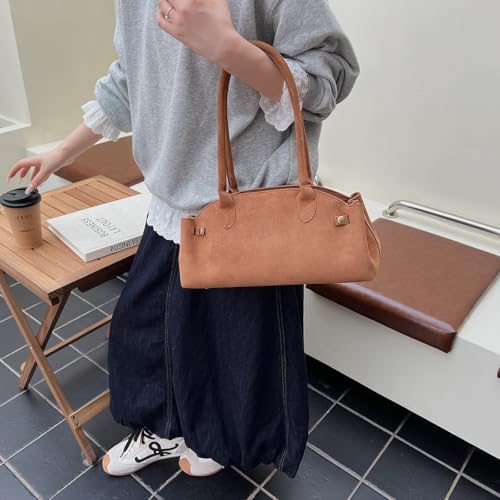 Women's Faux Suede Boston Bowler Suede Shoulder Purse East West Satchel Swing Shoulder Bag2