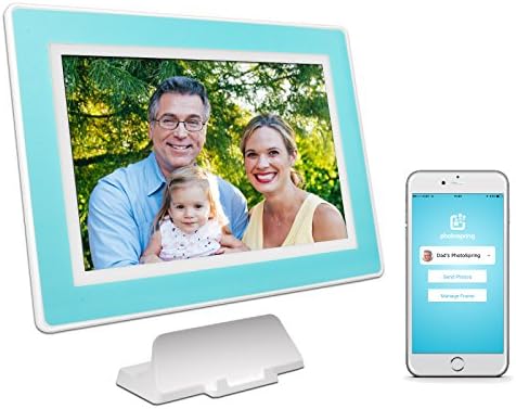 PhotoSpring (16GB) 10-inch WiFi Cloud Digital Picture Frame - Battery, Touch-Screen, Plays Video and Photo Slideshows, HD IPS Display, iPhone & Android app (White/Sky Blue Mat - 15,000 Photos)