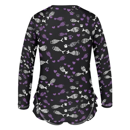 White Purple Fish Bone Pattern Girls Long Sleeve Swimsuit Rash Guard One Piece Bathing Suits Zipper 3-12T3