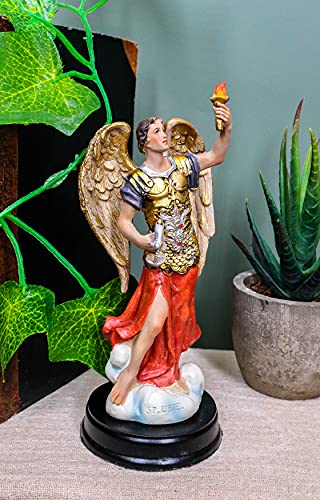 Estatua Arcángel Uriel con Antorcha en Base de Madera 5.75 in miniatura 6