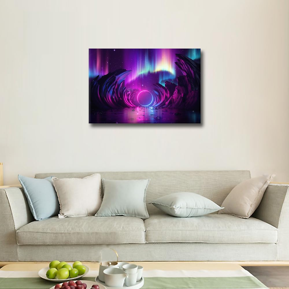 TISHIRON Neon Light Wall Paintings for Living Room Cosmic Landscape Modern Office Wall Art Aurora Borealis Large Wall Decor for Bedroom Artwork Giclee Wall Decoration Framed Ready to Hang - Image 4