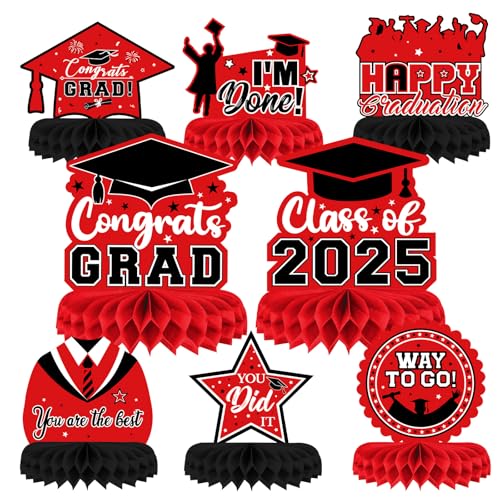 PERFQU 8 Pieces Class of 2025 Graduation Table Decorations - 2025 Congrats Grad Honeycomb Centerpieces, Red Black Graduation Table Toppers Decor for 2025 Graduation Party Decorations Favor Supplies