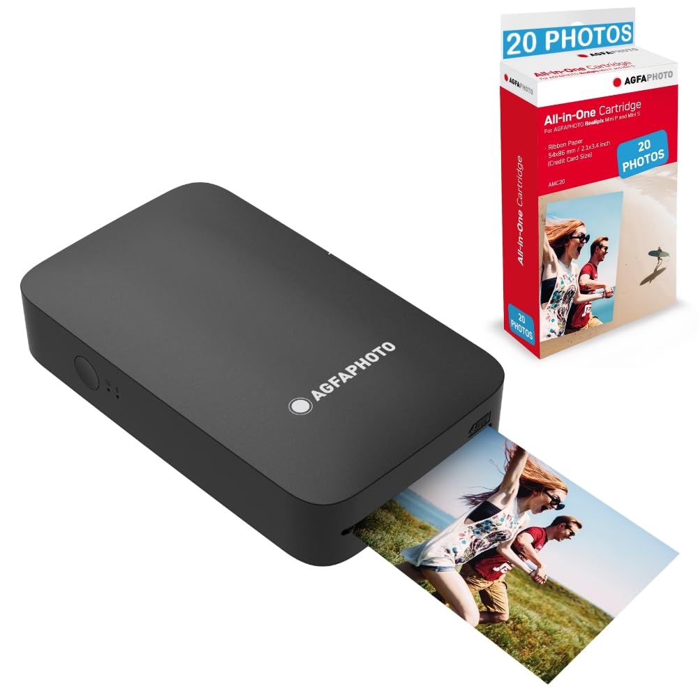 AGFA Photo - Realipix Mini P Drukarka + Wkłady i dokumenty AMC na 20 zdjęć - Drukarka fotograficzna w formacie 5,3 x 8,6 cm przez Bluetooth - termosublimacja 4Pass - Czarny