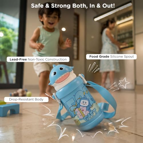 Image of Mee Mee Little Shark Smart-Temp 2-in-1 Sipper & Spout Bottle, 500ml, Vacuum Insulated SUS 316 Stainless Steel Water Bottle with Temperature Display, Leak-Proof & Travel Friendly (Blue)