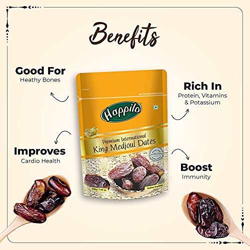 Image of Happilo Premium International King Medjoul Dates 200g | Khajur, Khajoor | Dry Fruits | Dates in Fresh | Healthy Snacks | Dry Dates | Soft Chewy Texture | Sweet Caramel Taste (Pack of 3)