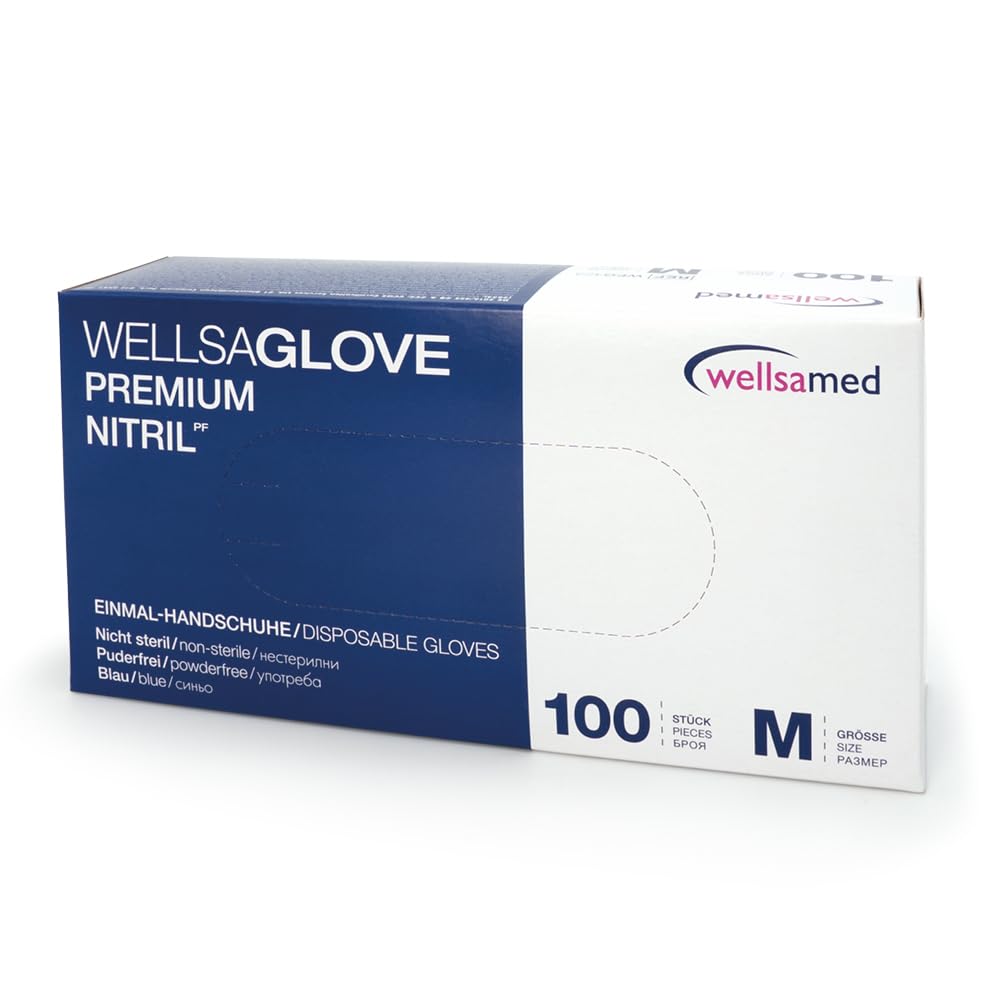 Wellsamed Wellsaglove Premium Nitrilhandschuhe, Blau, Größe M, Puderfrei, Latexfrei, Einweg, 1000 Stück (10x100)