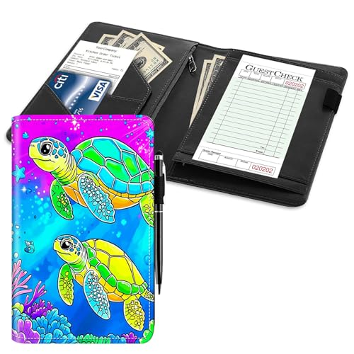 HEAKIERG Server Books for Waitress, PU Leather Server Booklet with Zipper Pocket Waiters Accessories, Wallet Waitstaff Organizer with Money Pocket Fit Server Apron Note Pads, Watercolor Turtle