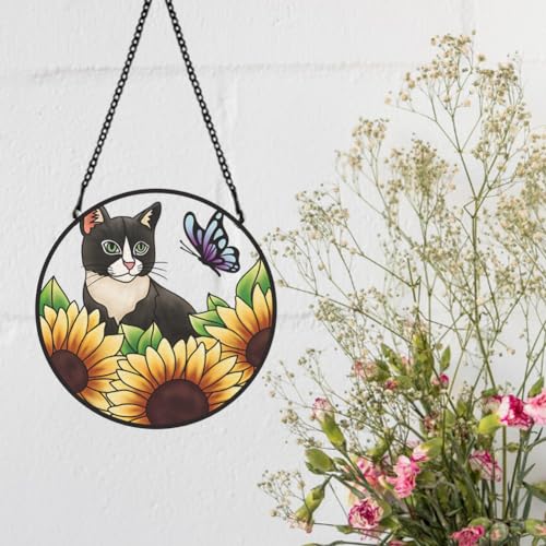 PLIGREAT Suncatchers Cat Sunflower Acrylic Stained Glass Sun Catcher Summer Patio Garden Hanging Tree Ornaments for Bedroom Living Room Window Decoration Wall Art Decor Housewarming Memorial Gifts - Image 3