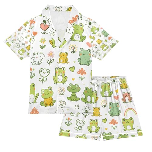 senya Cute Frog Hand Drawn Satin Summer Pajama Sets Silk Short Sleeve Button Down Sleepwear