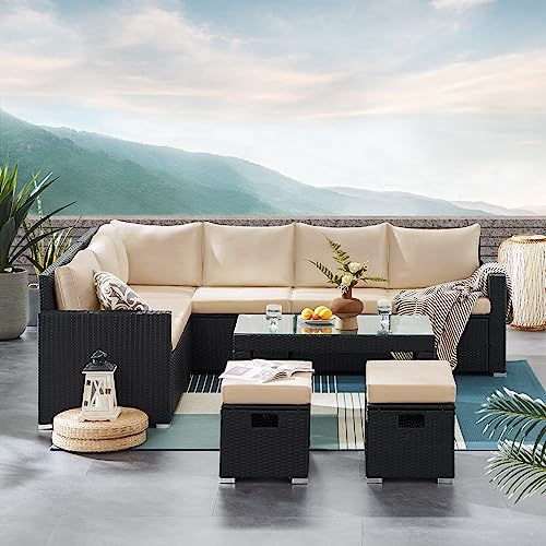 Emkk 6-Piece Outdoor Patio Sectional Sofa Couch, Pe Wicker Furniture Conversation Sets With Washable Cushions & Coffee Table For Garden, Poolside, Backyard, Dark Brown Ajy #TOP1