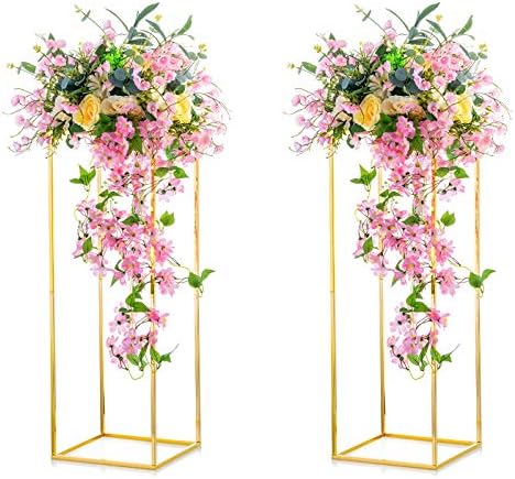 Nuptio 10 Pcs Gold Vase Metal Column Stand Road Lead Geometric Centerpiece Vase for Tables, 40cm Floor Vases Decorative Tall Flower Rack for Home Event Party Wedding Decorations for Reception