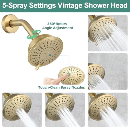 Juego de grifería para ducha PARLOS, grifo de ducha con salida para bañera en acabado dorado cepillado | Ducha de 5 modos y salida para bañera con desviador, juego de grifería para bañera de montaje en pared con válvula incluida miniatura 3