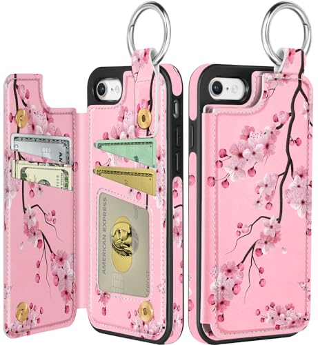 Shorogyt Compatible with iPhone 8/7/SE Wallet Case with Card Holder - Designer Peach Blossom Pattern Kickstand Magnetic Clasp Back Flip Folio Leather Phone Covers for Women Men Girls