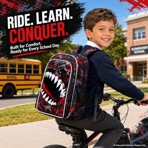 Image of 3Pcs Boys Backpack, 17 inch Shark Bookbag for Elementary Preschool Kindergarten, Kids School Backpacks with Lunch Box (Red)