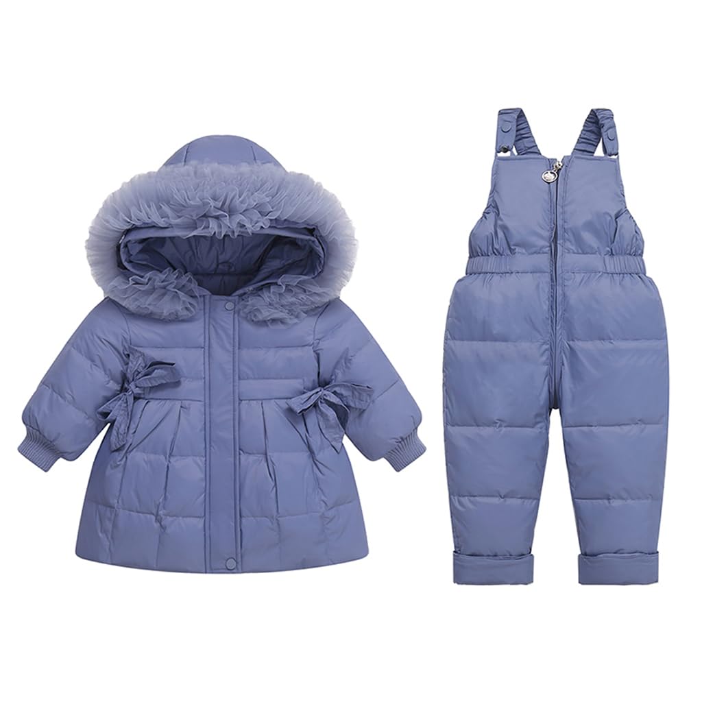 Winter 2 Stück Baby Schneeanzug Kinder Daunenjacke mit Kapuze + Schneehose mit Tasche Set Skianzug Outfit Kleidung Blau 3-4 Jahre