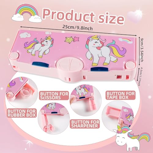 Image of LONGMIRE Plastic Multi-Functional Unicorn Theme Magnetic Pencil Box for Kids Compass Box for Girls Stationery Box Buttons Operated Pencil Box for Kids with Accessories (Multicolor)