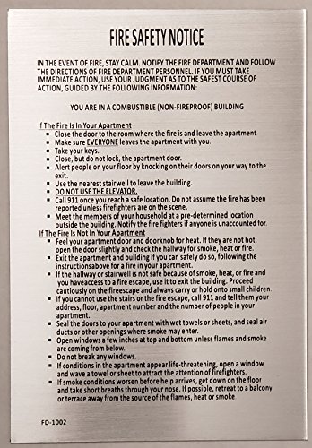 HPD- Door 'Fire Safety Notice' Sign- Non Fire Proof Building (Aluminum Sign,Brush Silver', Plus Two...