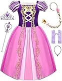 Avady Girls Dress Puff Sleeve Princess Dress Up Costume with Crown Wand Braid Gloves and Necklace