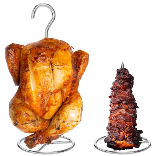 Vertical Skewer Turkey Fryer Stand Kit, Al Pastor Skewer with Removable Size Spikes (1 Base, 1 Skewers and 1 Chicken Hangers), Turkey Hanger Chicken Rack for Grill Meat, Stainless Steel