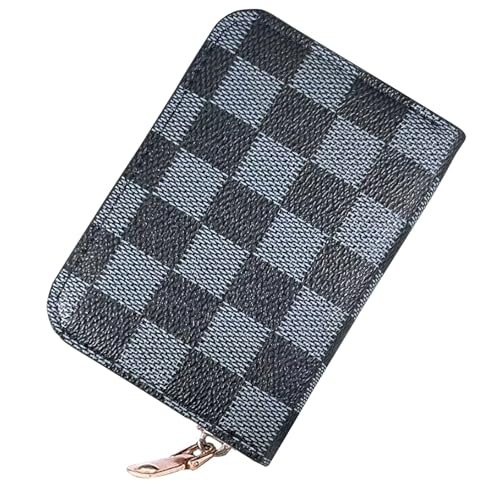 Ladies change card bag, zip storage bank card case, small portable 11 large capacity pouch, holds banknote change credit card(Black checkered pattern)