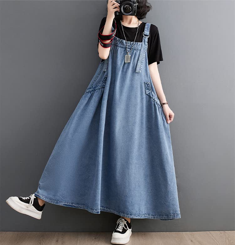 Denim Jumper Dress for Women Loose Version Baggy Style Maxi Length Adjustable Straps Wide Hemline3